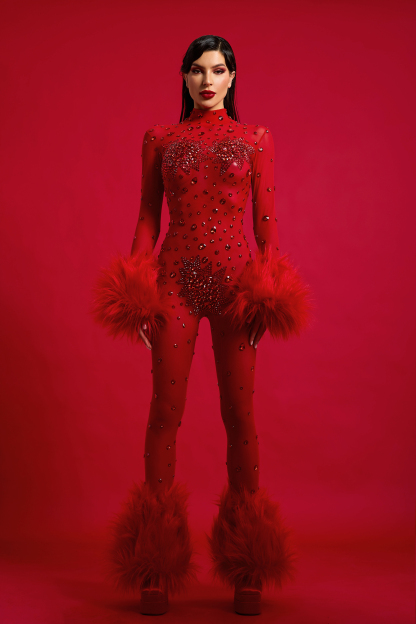 Faux Fur Fabric High Neck Long Sleeve Jumpsuit