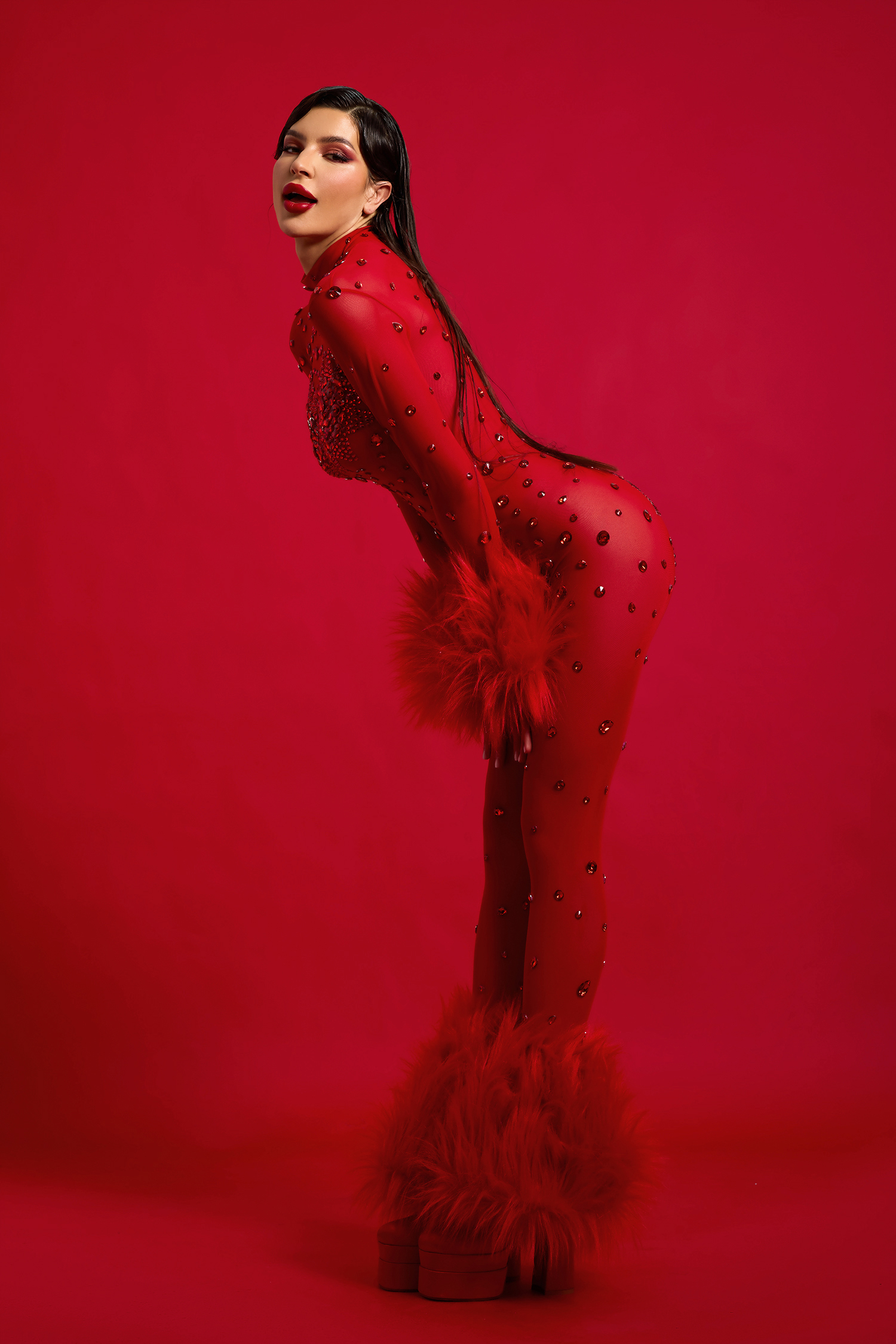 Faux Fur Fabric High Neck Long Sleeve Jumpsuit