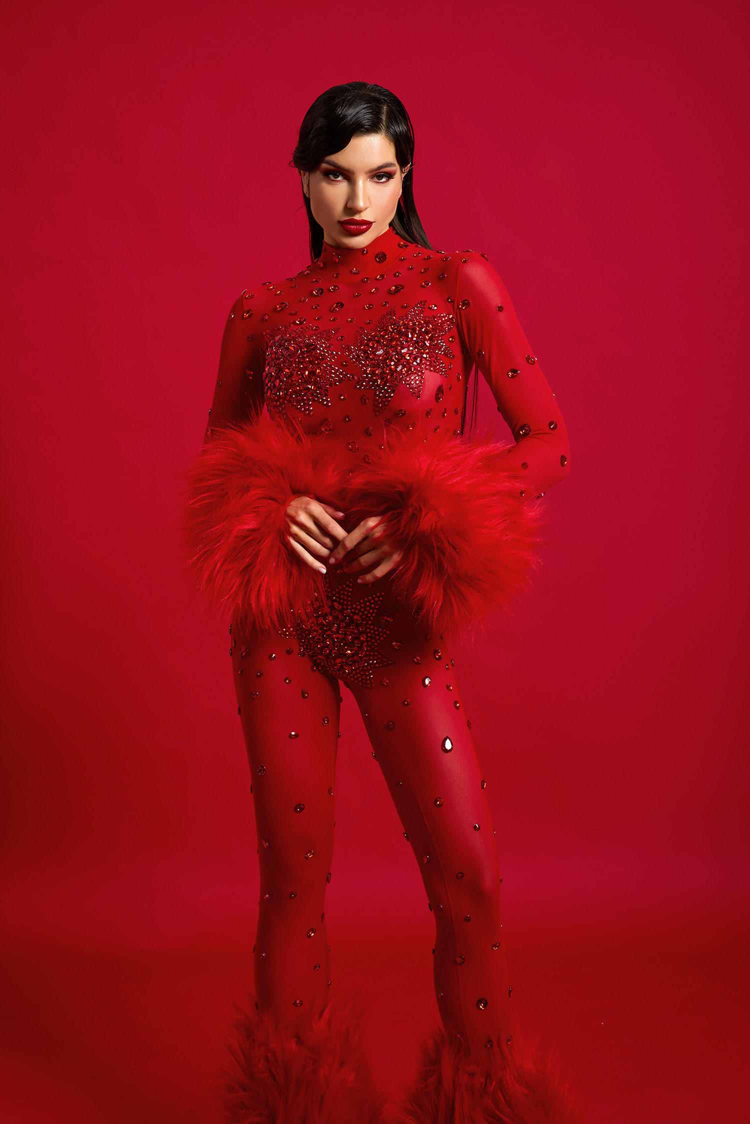 Faux Fur Fabric High Neck Long Sleeve Jumpsuit