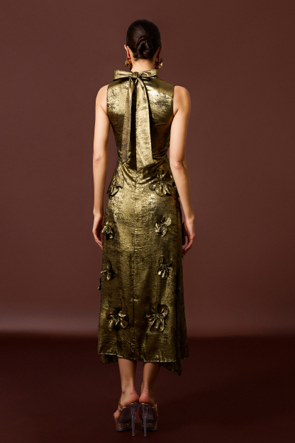 Metallic Fabric 3D Flower Sleeveless Midi Dress