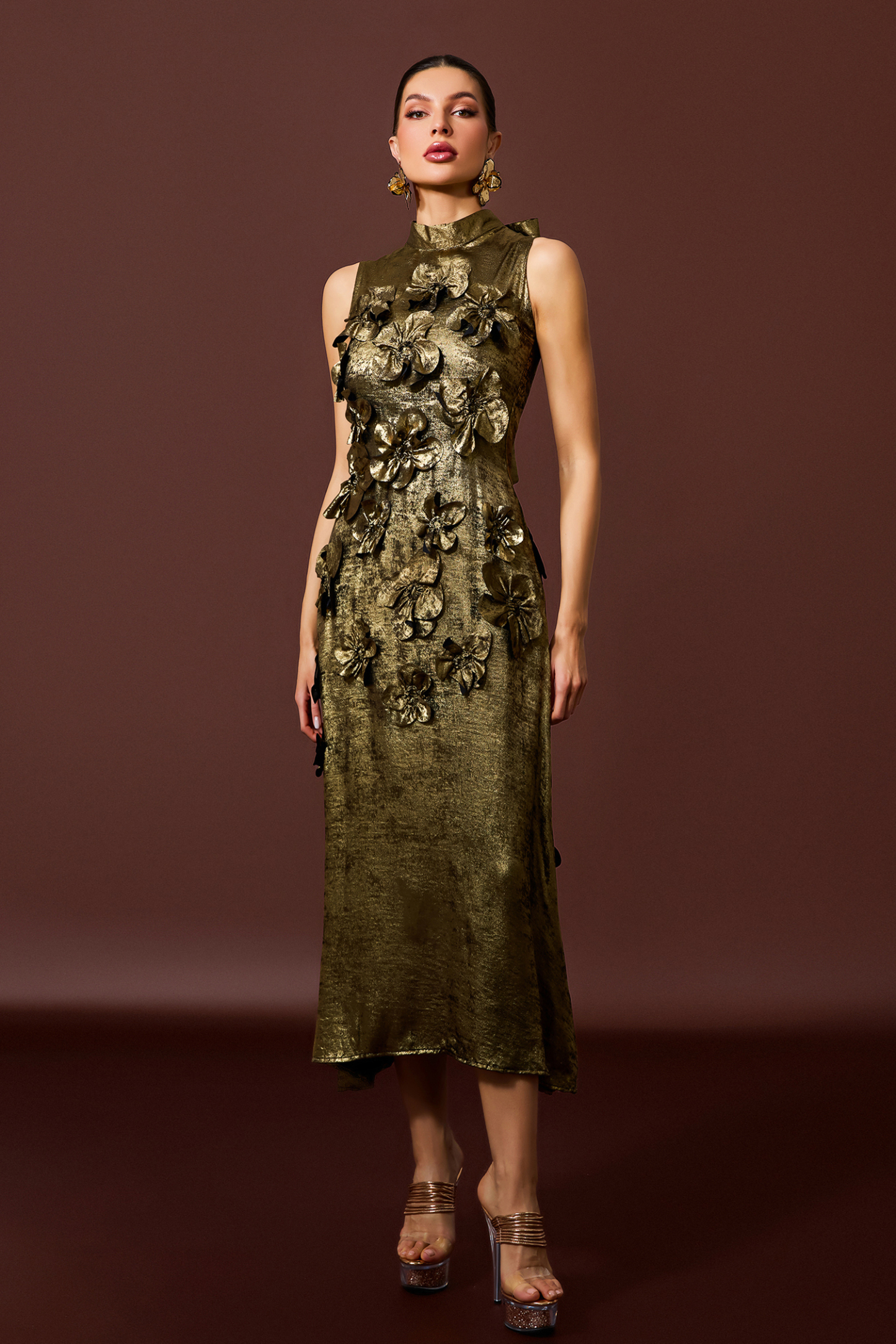 Metallic Fabric 3D Flower Sleeveless Midi Dress