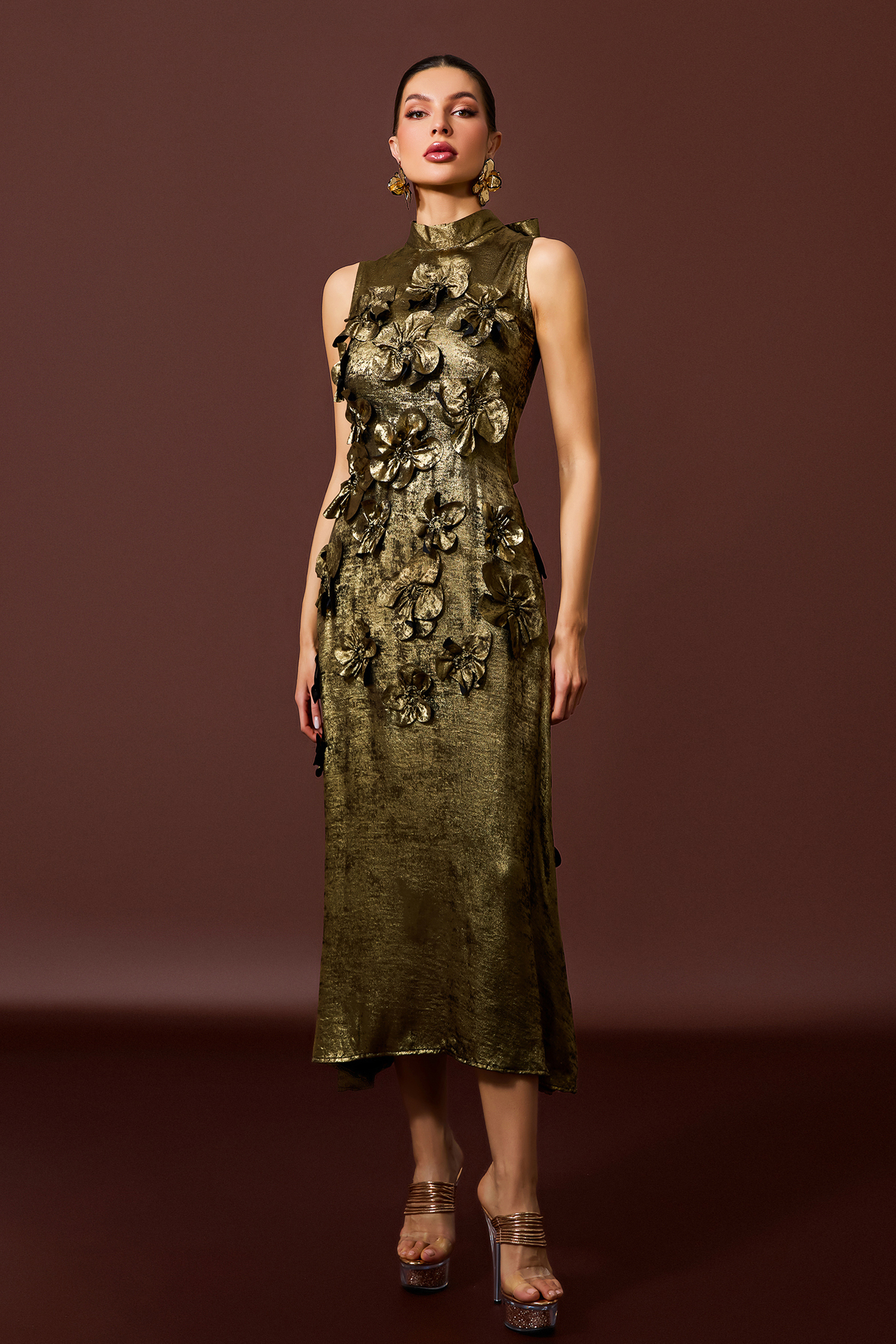 Metallic Fabric 3D Flower Sleeveless Midi Dress