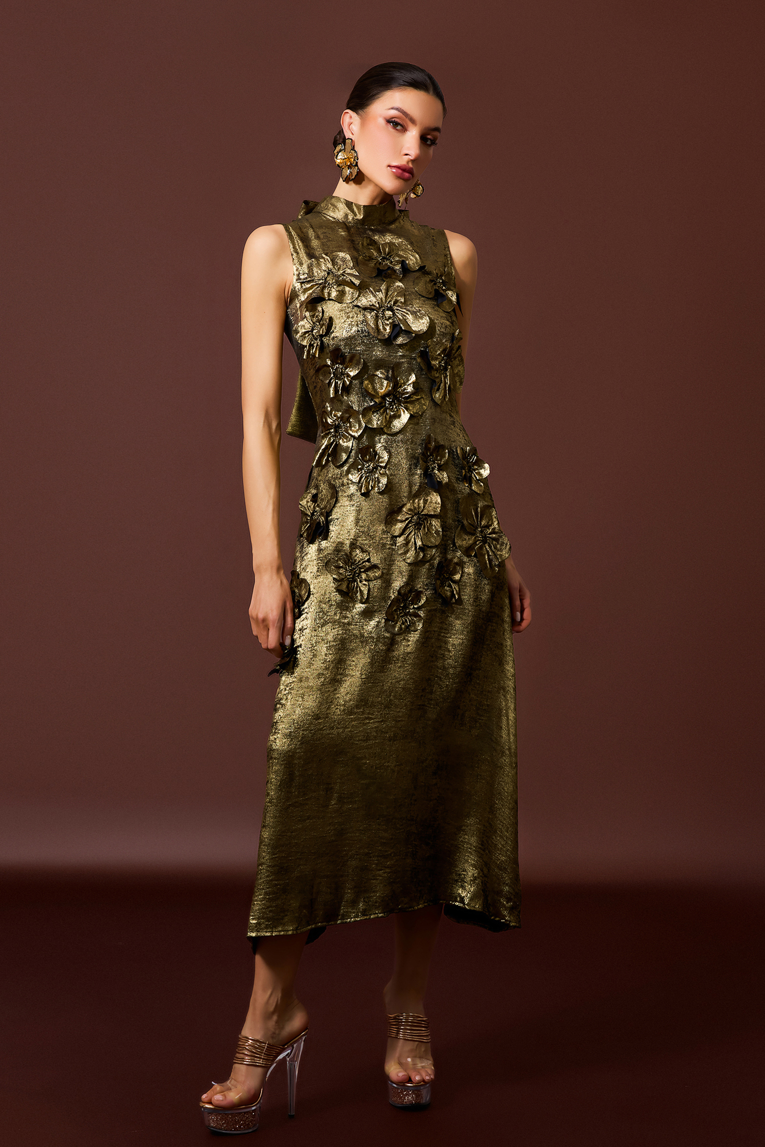Metallic Fabric 3D Flower Sleeveless Midi Dress