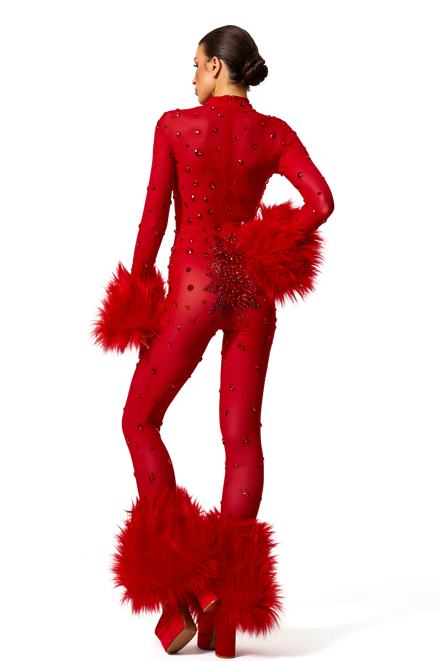 Faux Fur Fabric High Neck Long Sleeve Jumpsuit