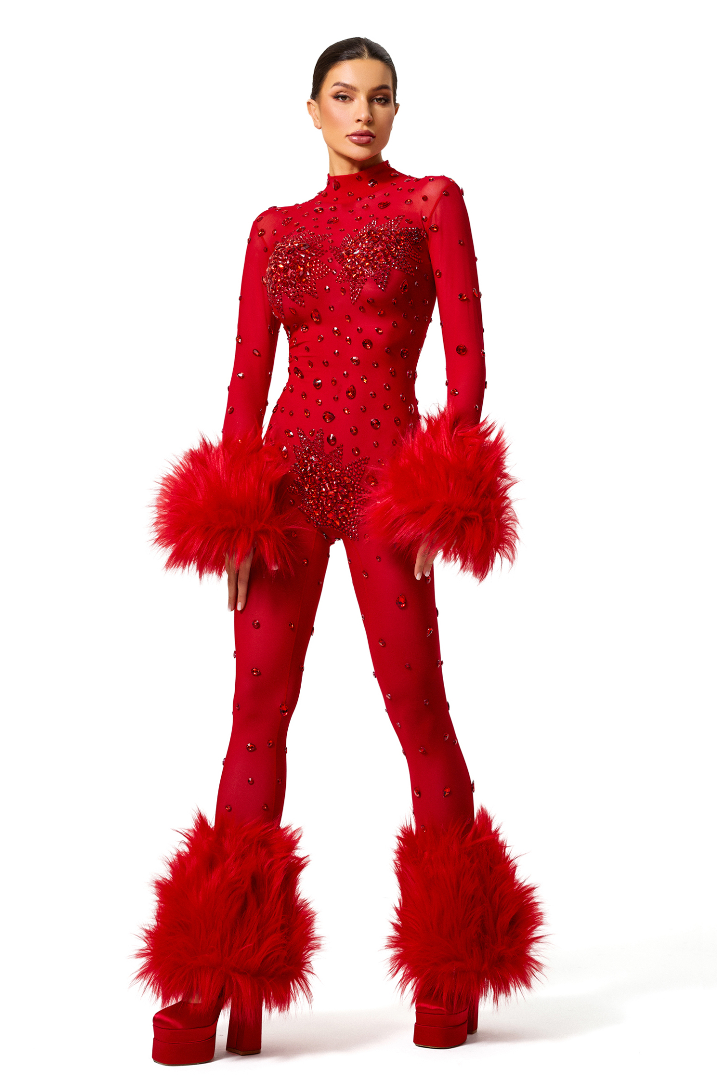 Faux Fur Fabric High Neck Long Sleeve Jumpsuit