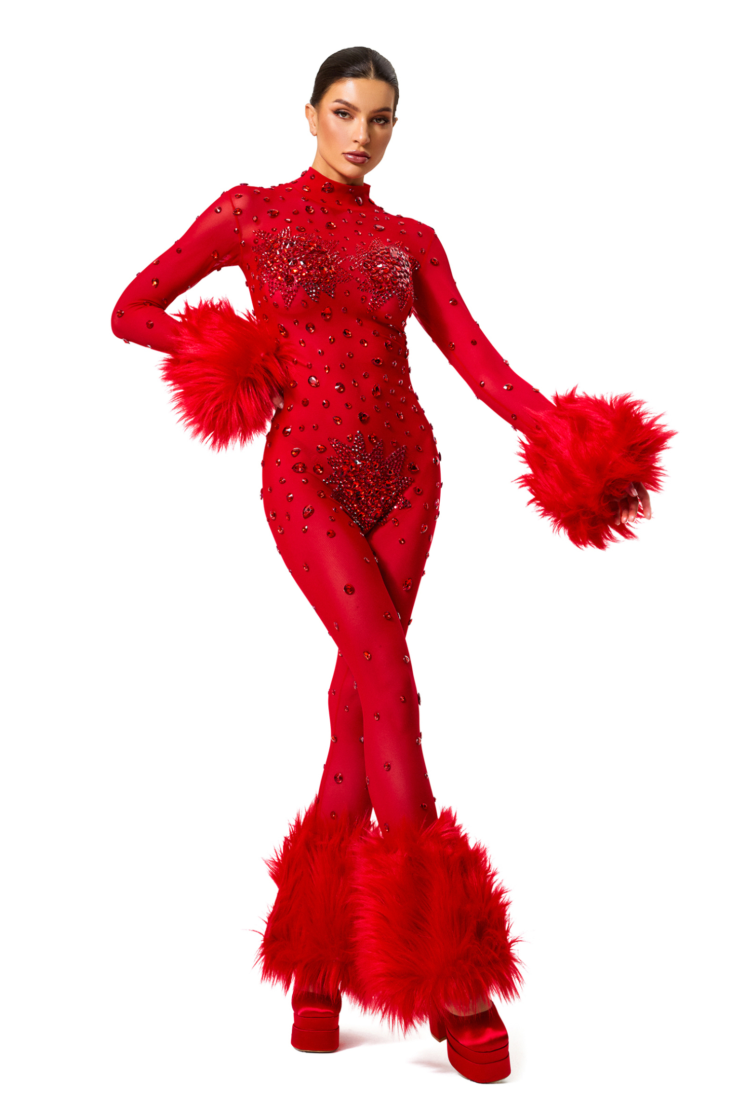 Faux Fur Fabric High Neck Long Sleeve Jumpsuit