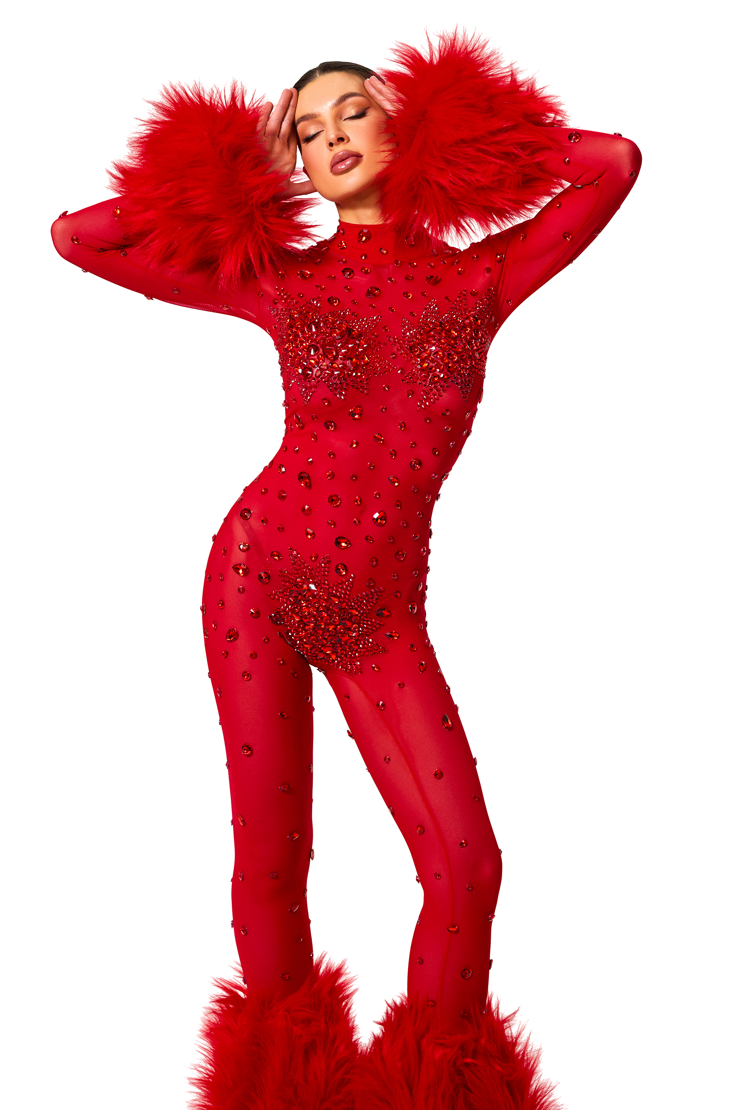 Faux Fur Fabric High Neck Long Sleeve Jumpsuit