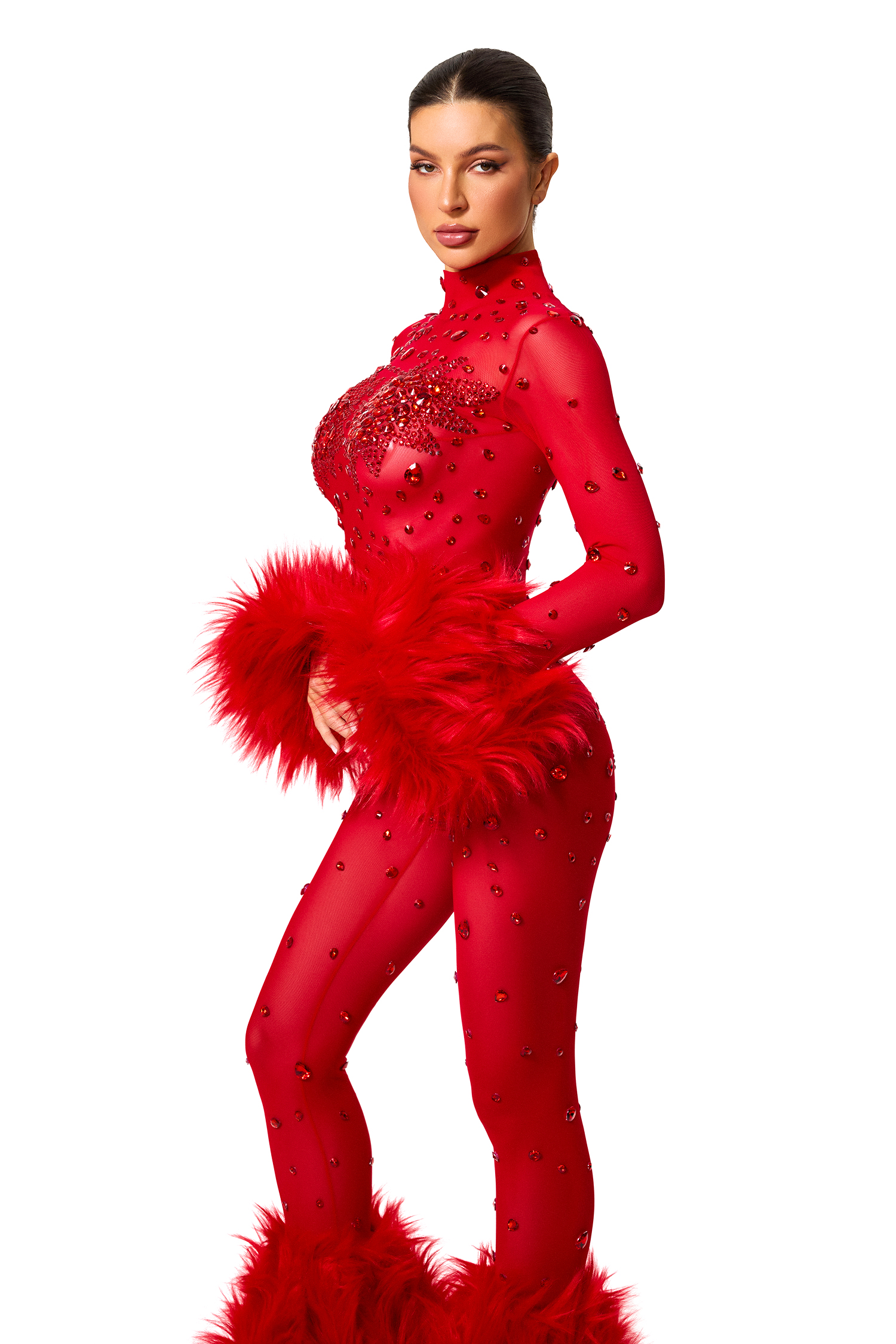 Faux Fur Fabric High Neck Long Sleeve Jumpsuit