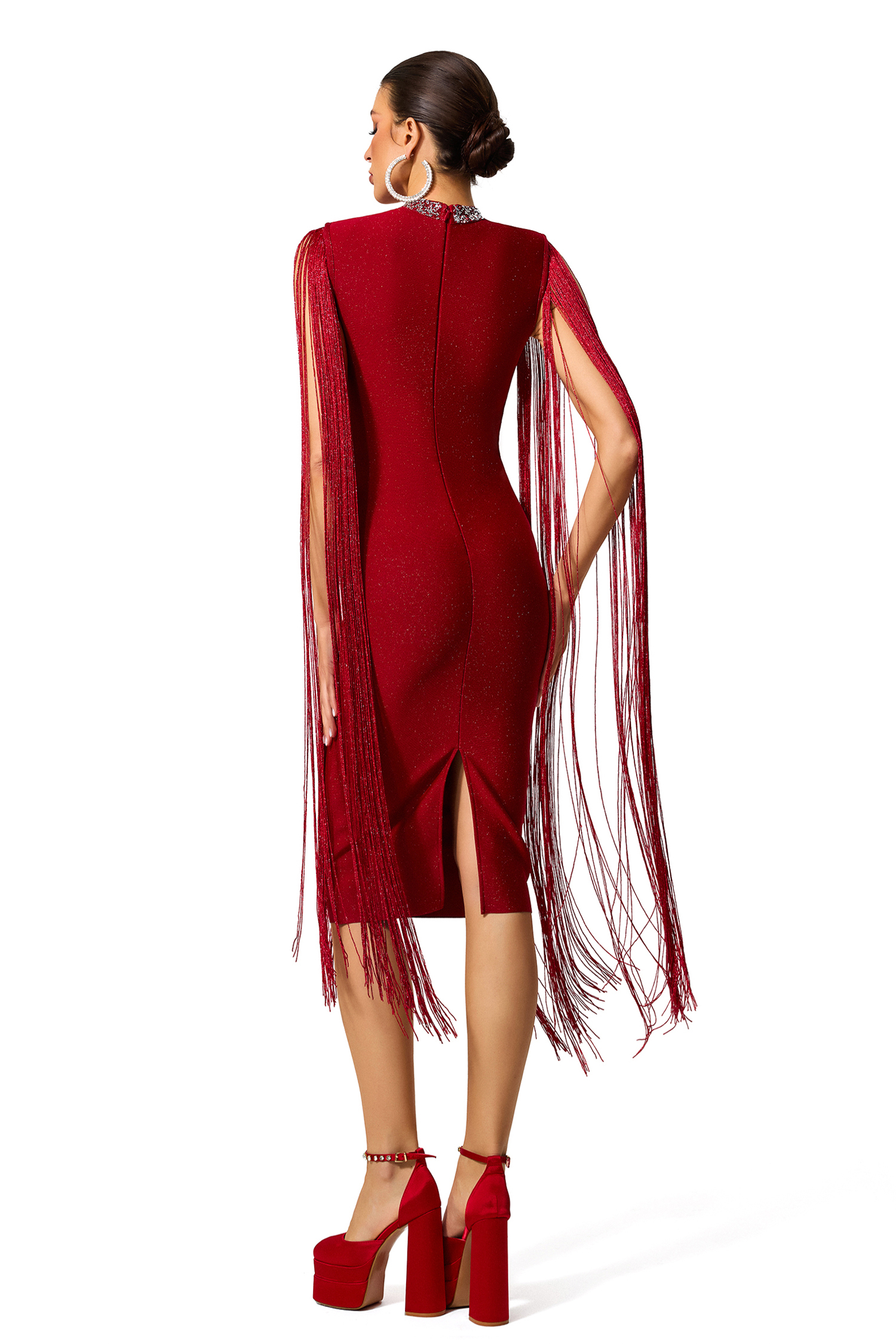 Rhinestone Cut Out Tassel Midi Dress