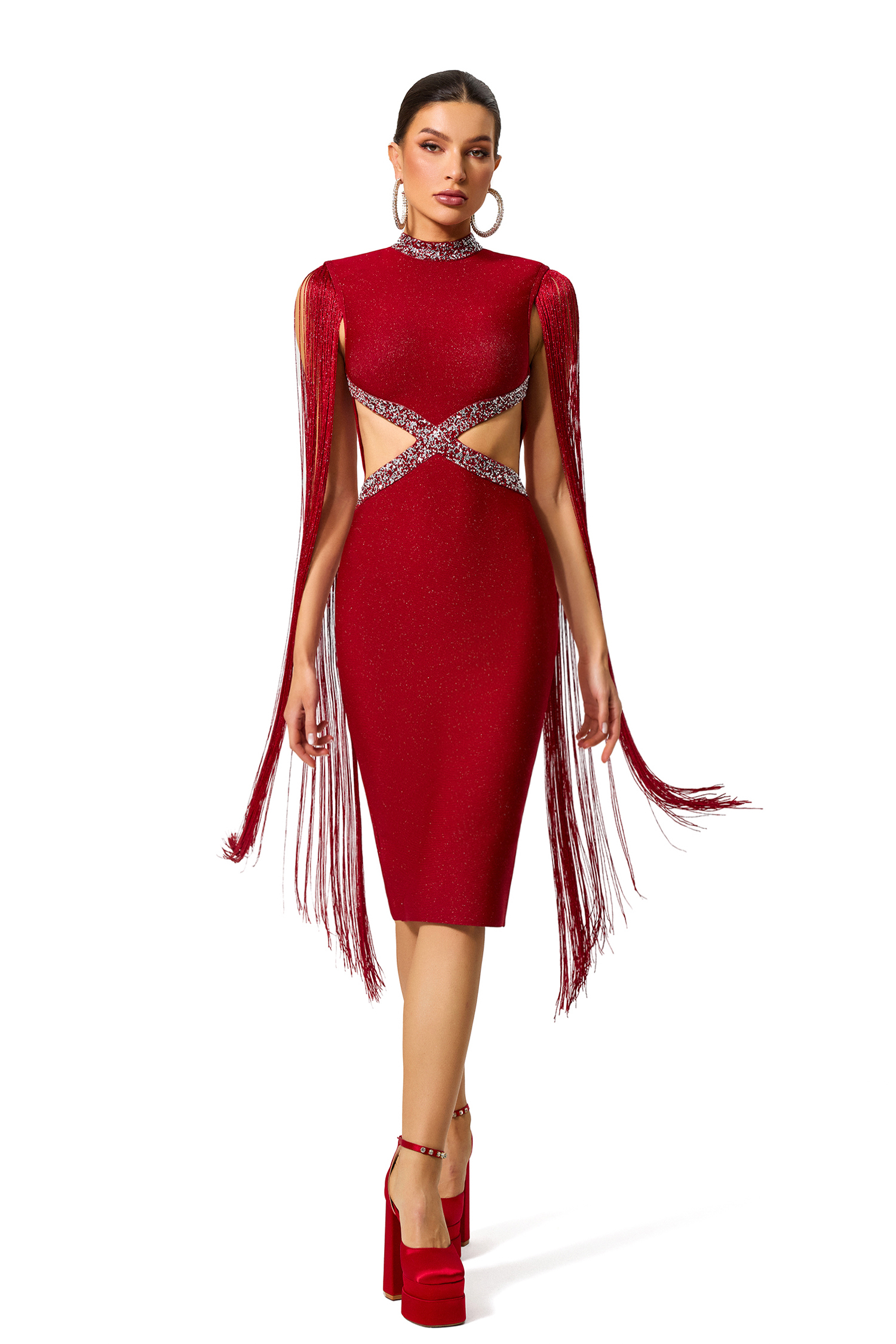 Rhinestone Cut Out Tassel Midi Dress
