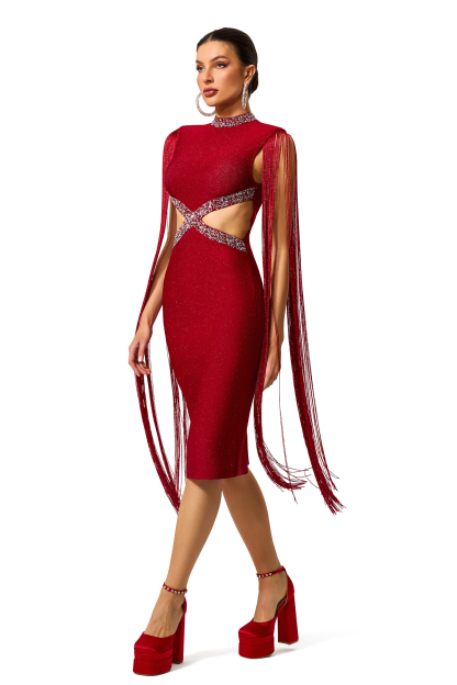 Rhinestone Cut Out Tassel Midi Dress