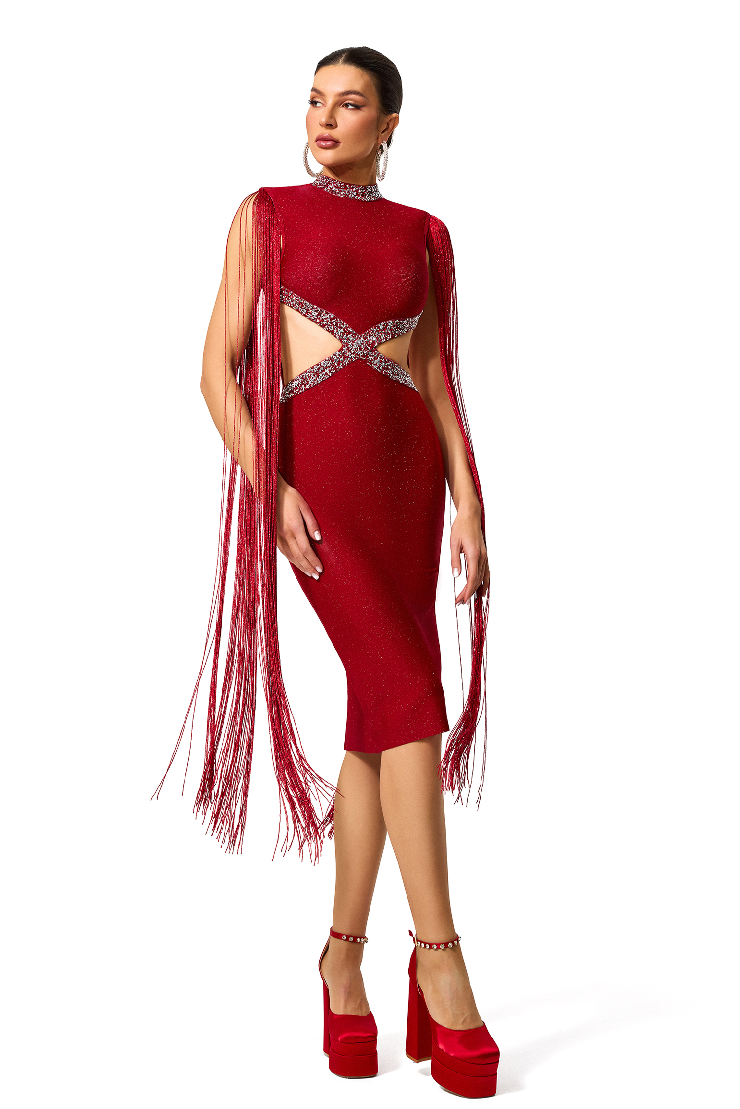 Rhinestone Cut Out Tassel Midi Dress