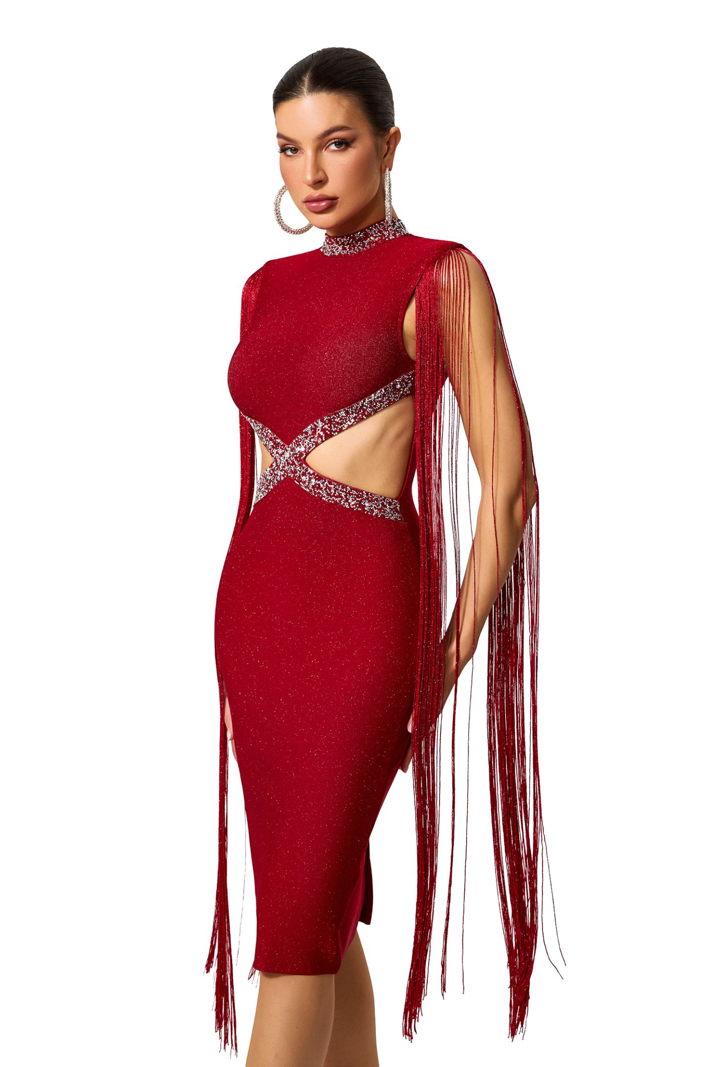 Rhinestone Cut Out Tassel Midi Dress