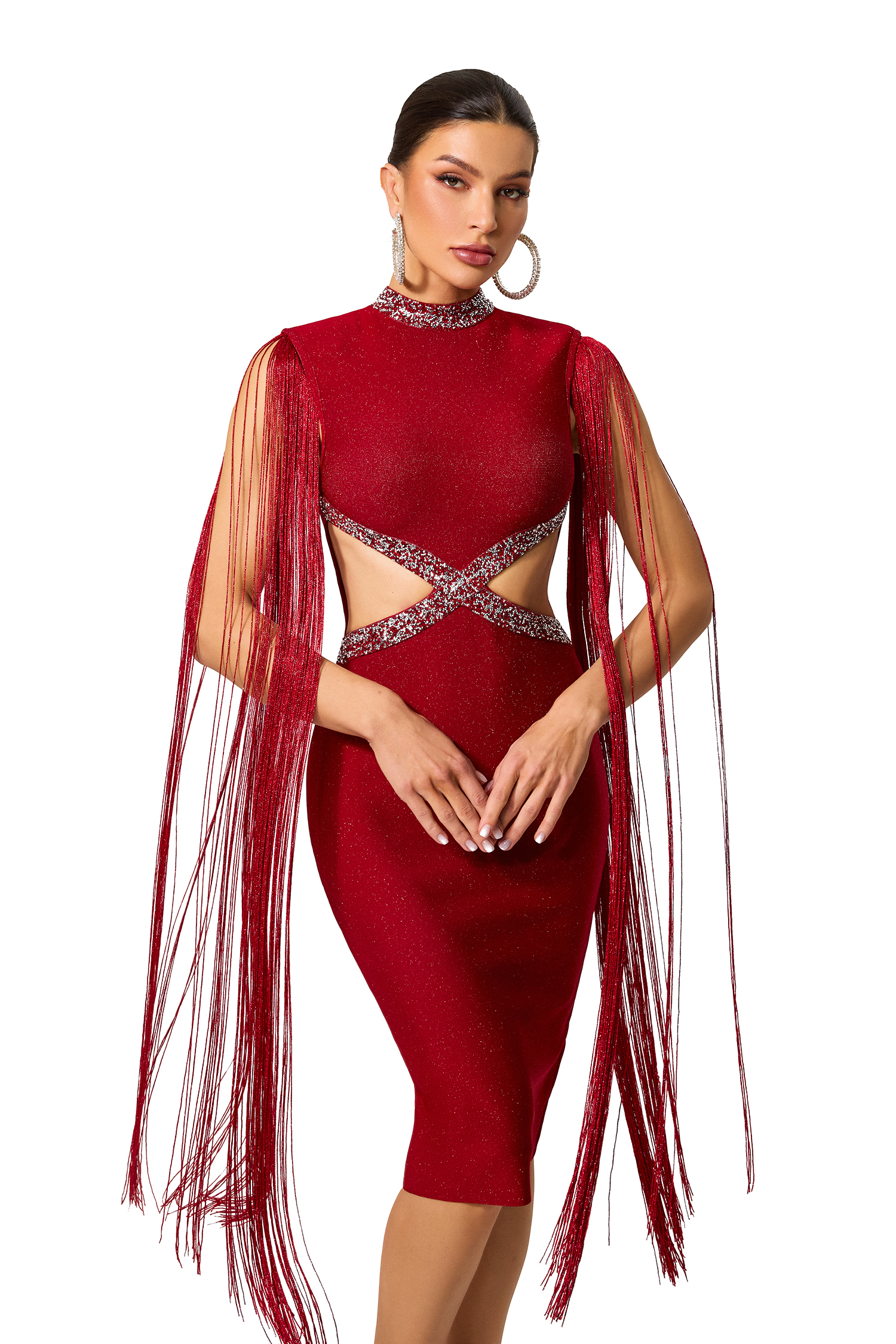 Rhinestone Cut Out Tassel Midi Dress