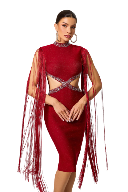 Rhinestone Cut Out Tassel Midi Dress