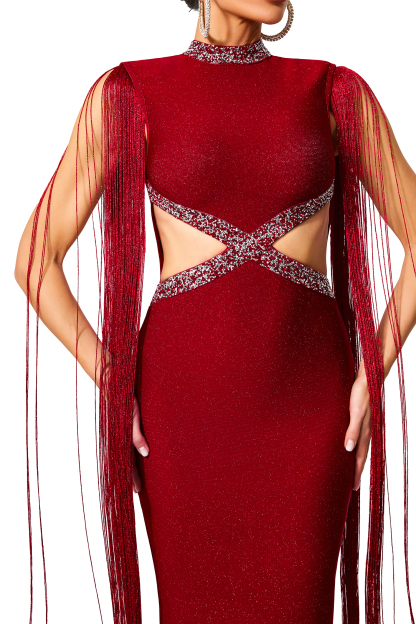 Rhinestone Cut Out Tassel Midi Dress