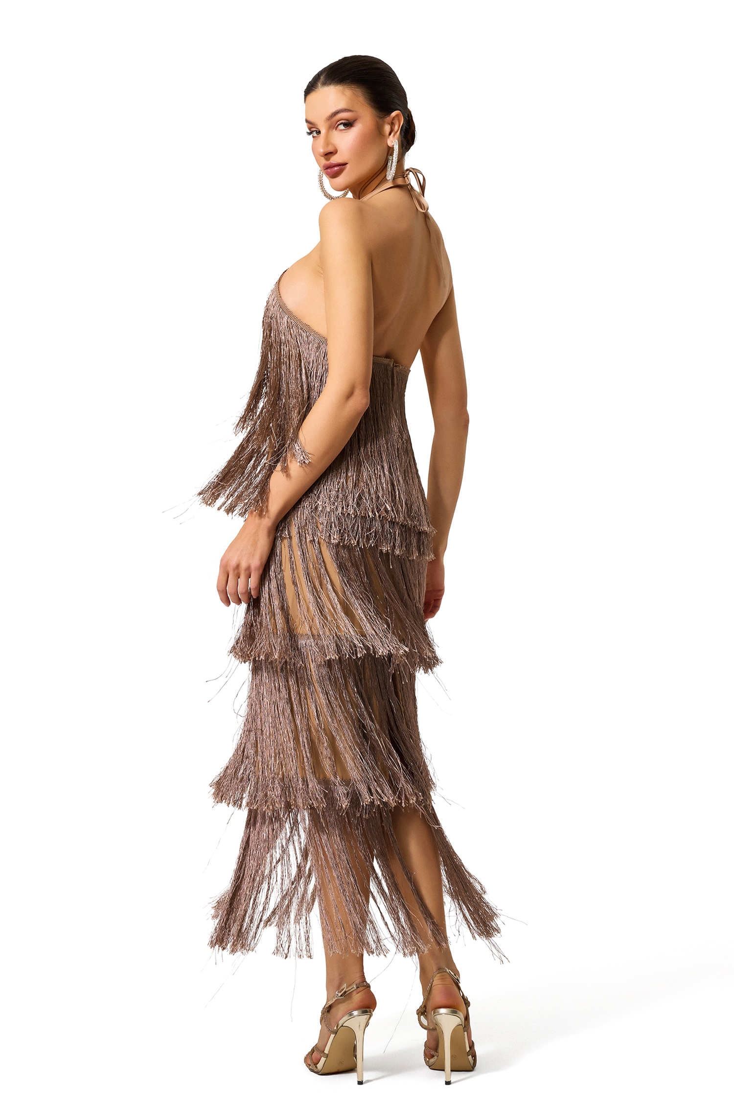 Solid Halter Neck Tassel Midi Dress