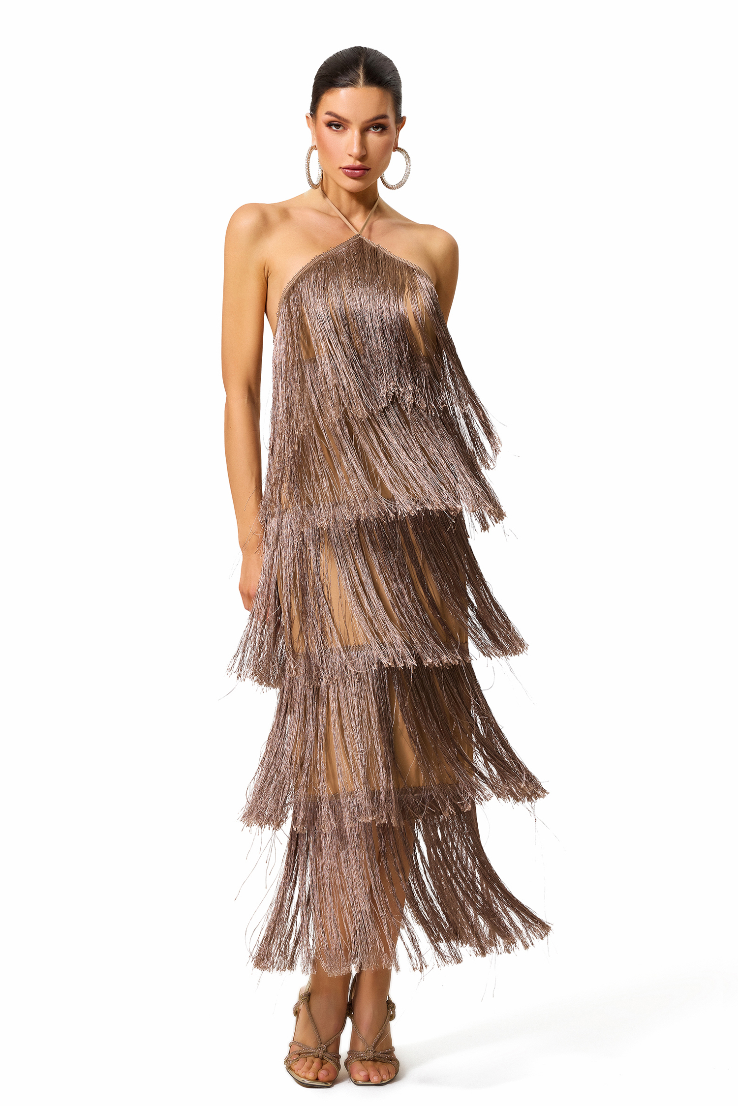 Solid Halter Neck Tassel Midi Dress