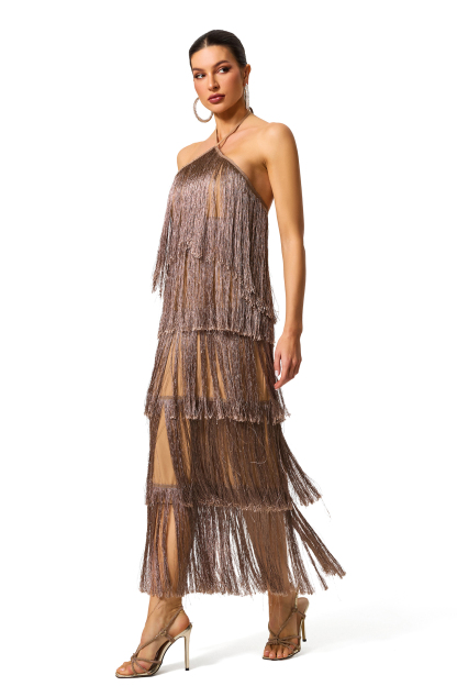 Solid Halter Neck Tassel Midi Dress