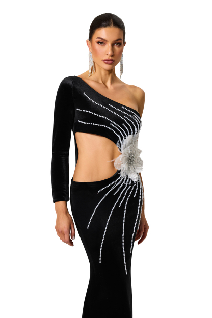 3D Flower Velvet Faux Pearl Rhinestone One Shoulder Maxi Dress