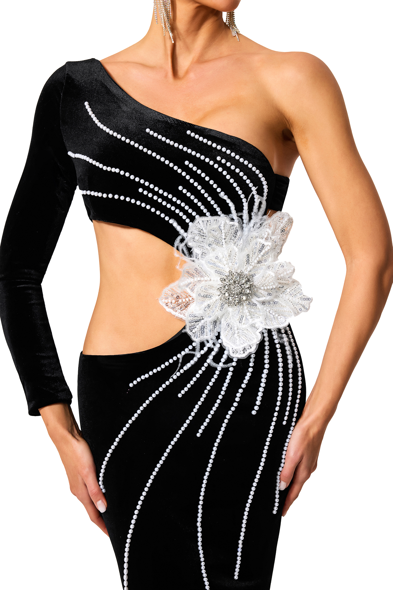 3D Flower Velvet Faux Pearl Rhinestone One Shoulder Maxi Dress