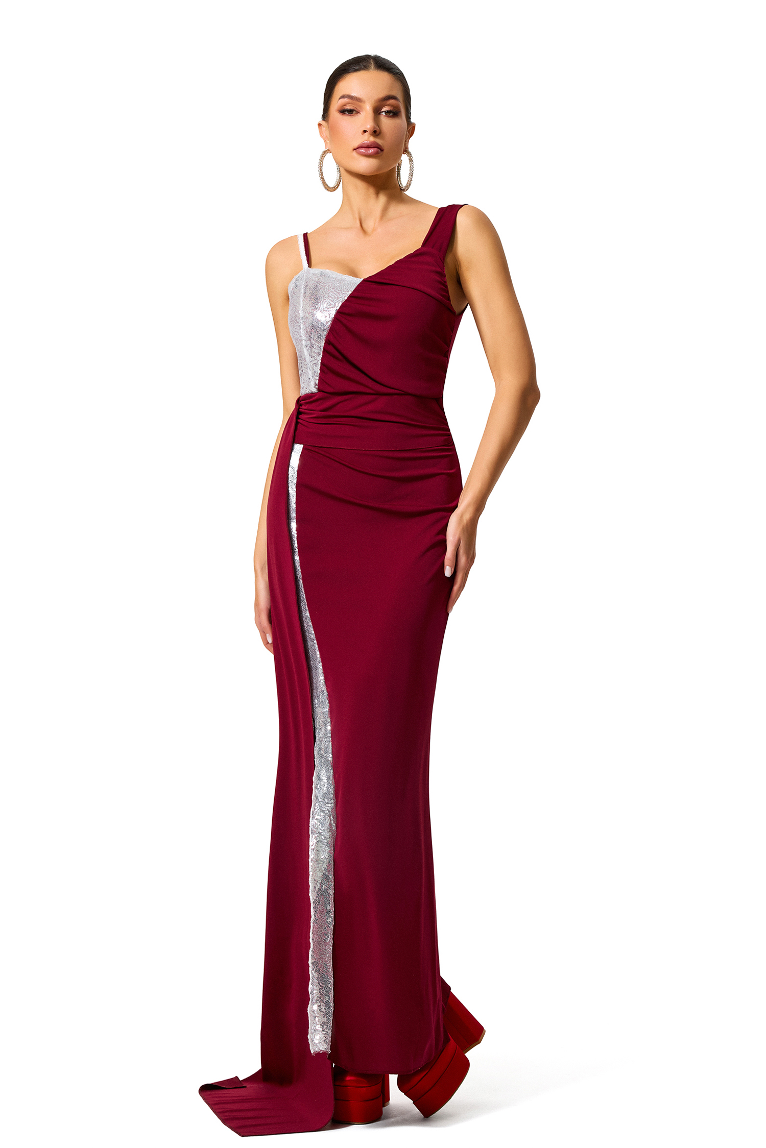 Sequin Asymmetrical Neck Split Maxi Dress