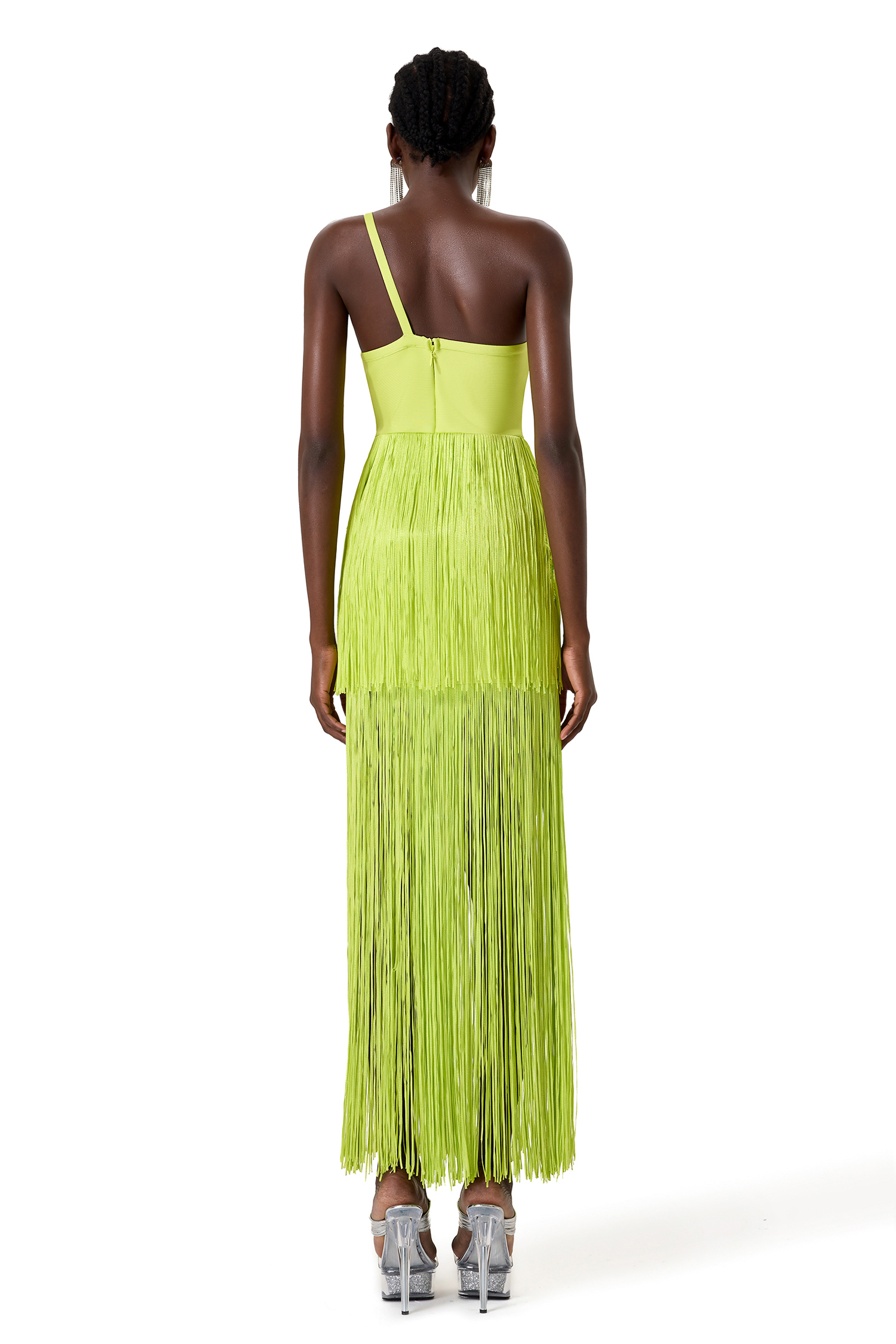Solid One Shoulder Asymmetrical Tassel Midi Dress