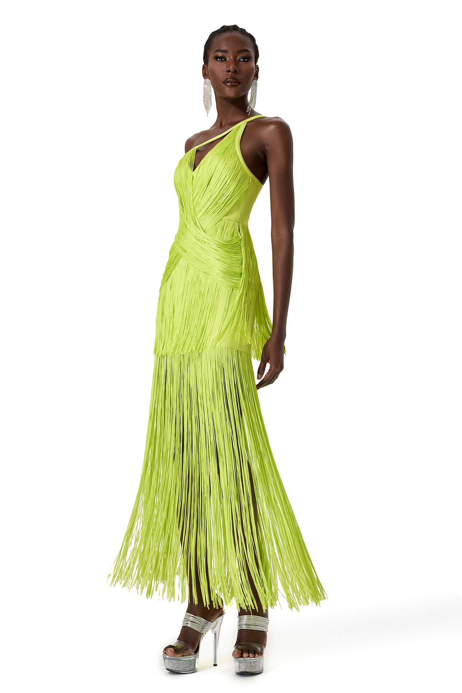 Solid One Shoulder Asymmetrical Tassel Midi Dress