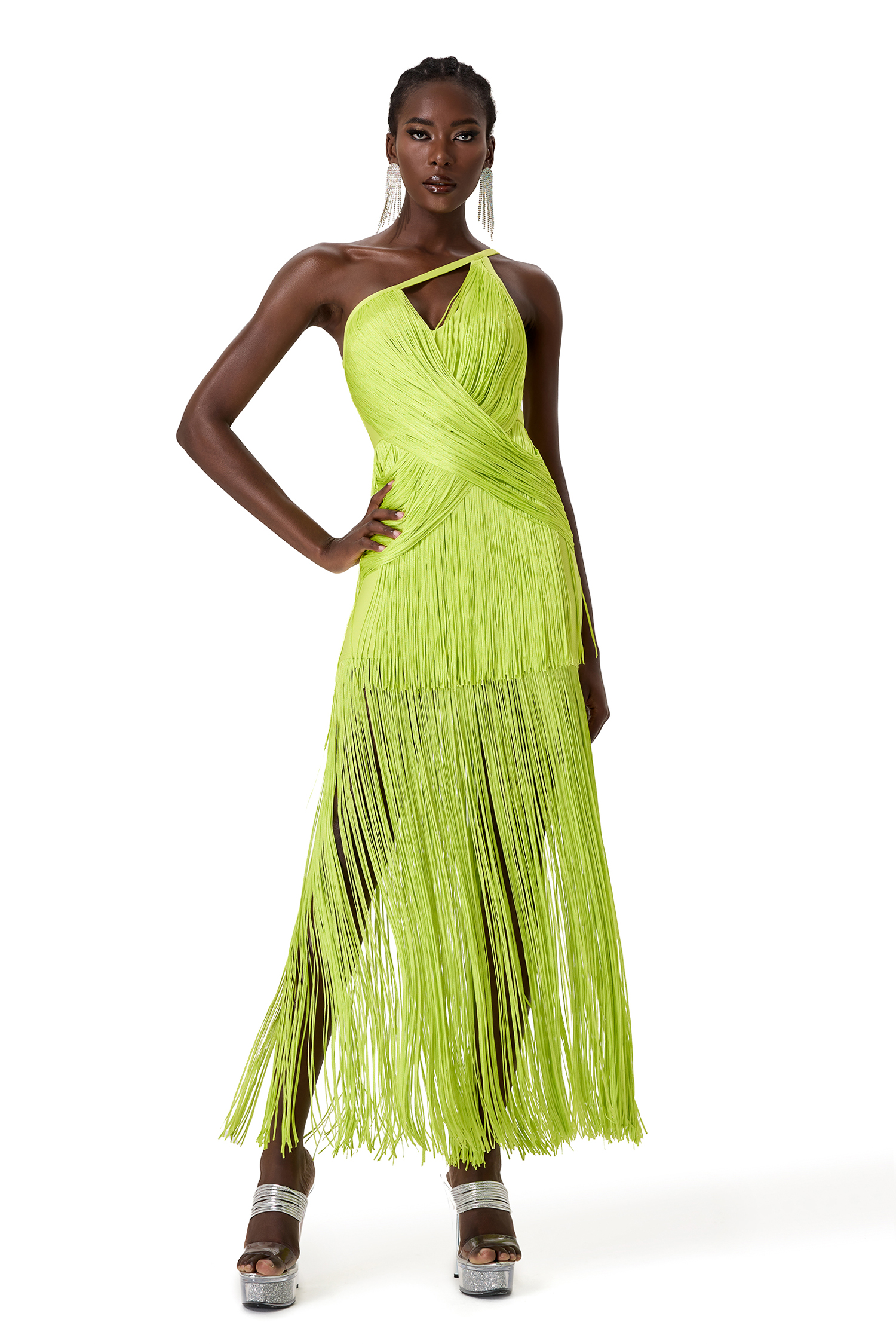 Solid One Shoulder Asymmetrical Tassel Midi Dress