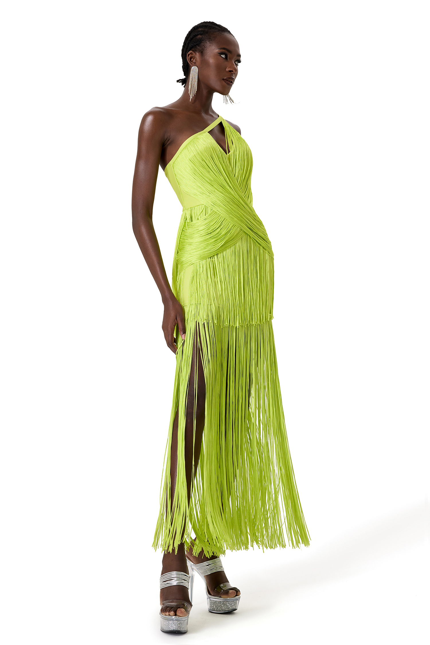 Solid One Shoulder Asymmetrical Tassel Midi Dress