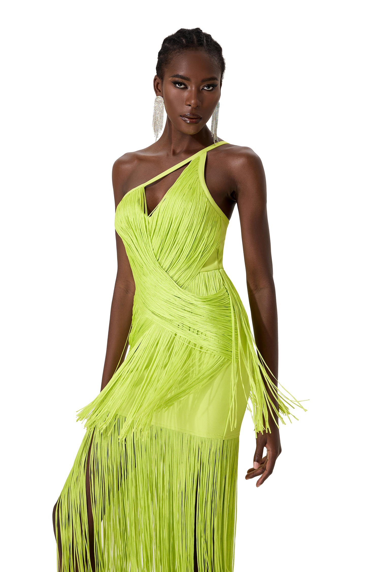 Solid One Shoulder Asymmetrical Tassel Midi Dress