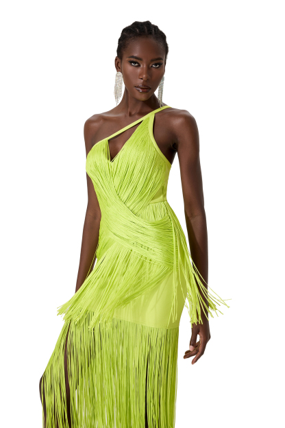 Solid One Shoulder Asymmetrical Tassel Midi Dress