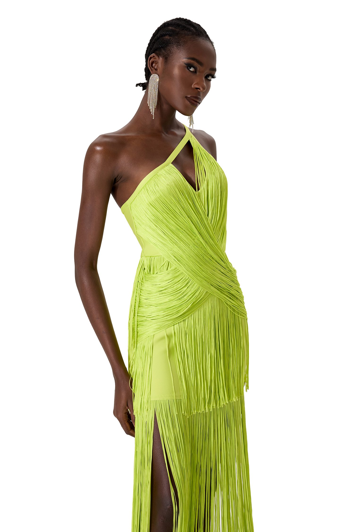 Solid One Shoulder Asymmetrical Tassel Midi Dress