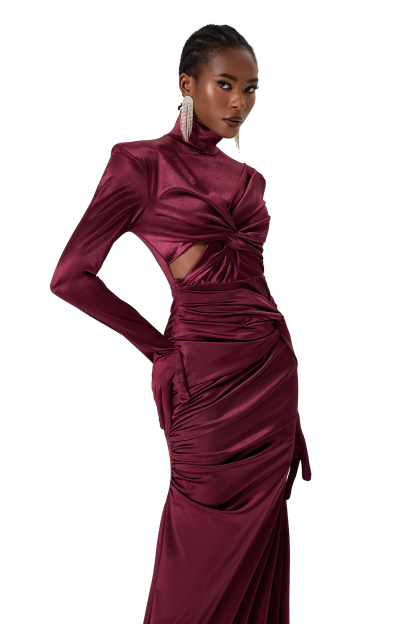 Satin High Neck Knotted Cut Out Maxi Dress