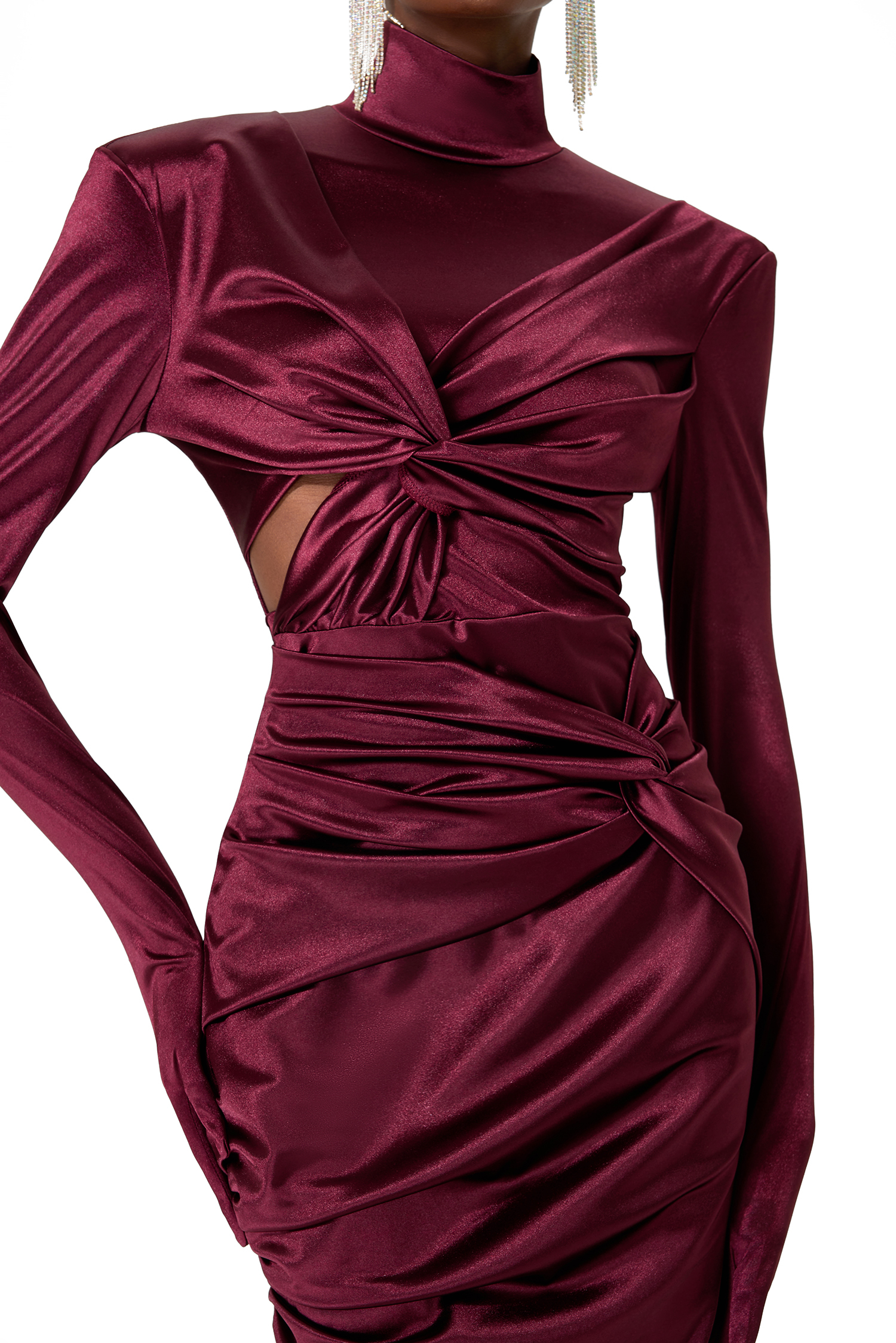 Satin High Neck Knotted Cut Out Maxi Dress