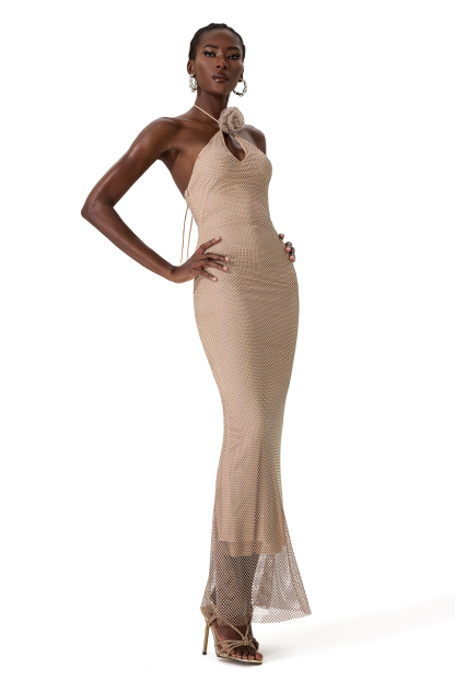 3D Flower Rhinestone Lace Up Maxi Dress