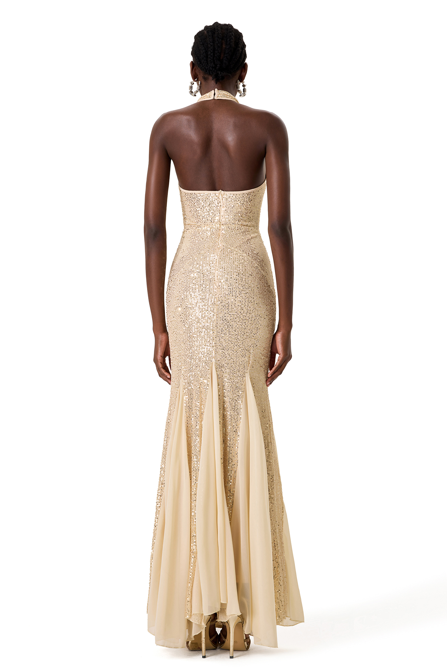 Halter Neck Sequin Splicing Mesh Midi Dress