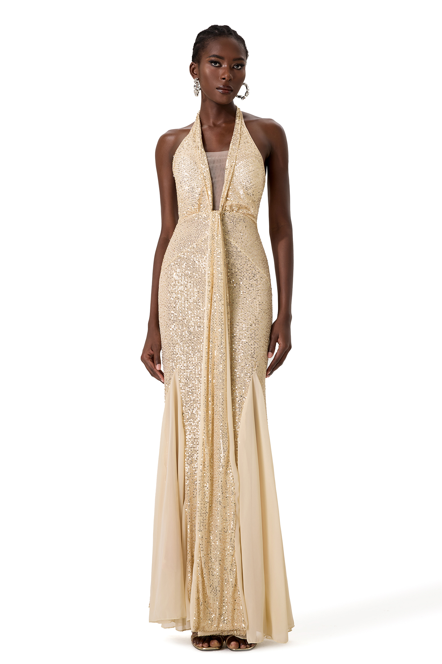 Halter Neck Sequin Splicing Mesh Midi Dress