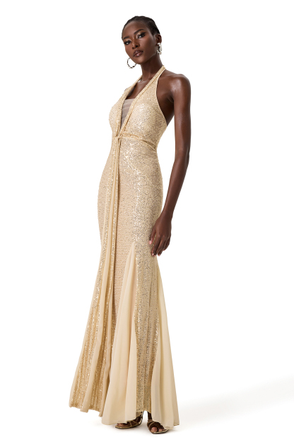 Halter Neck Sequin Splicing Mesh Midi Dress