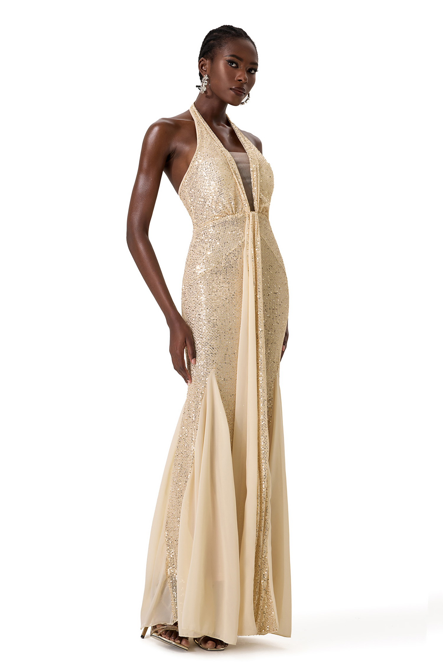 Halter Neck Sequin Splicing Mesh Midi Dress