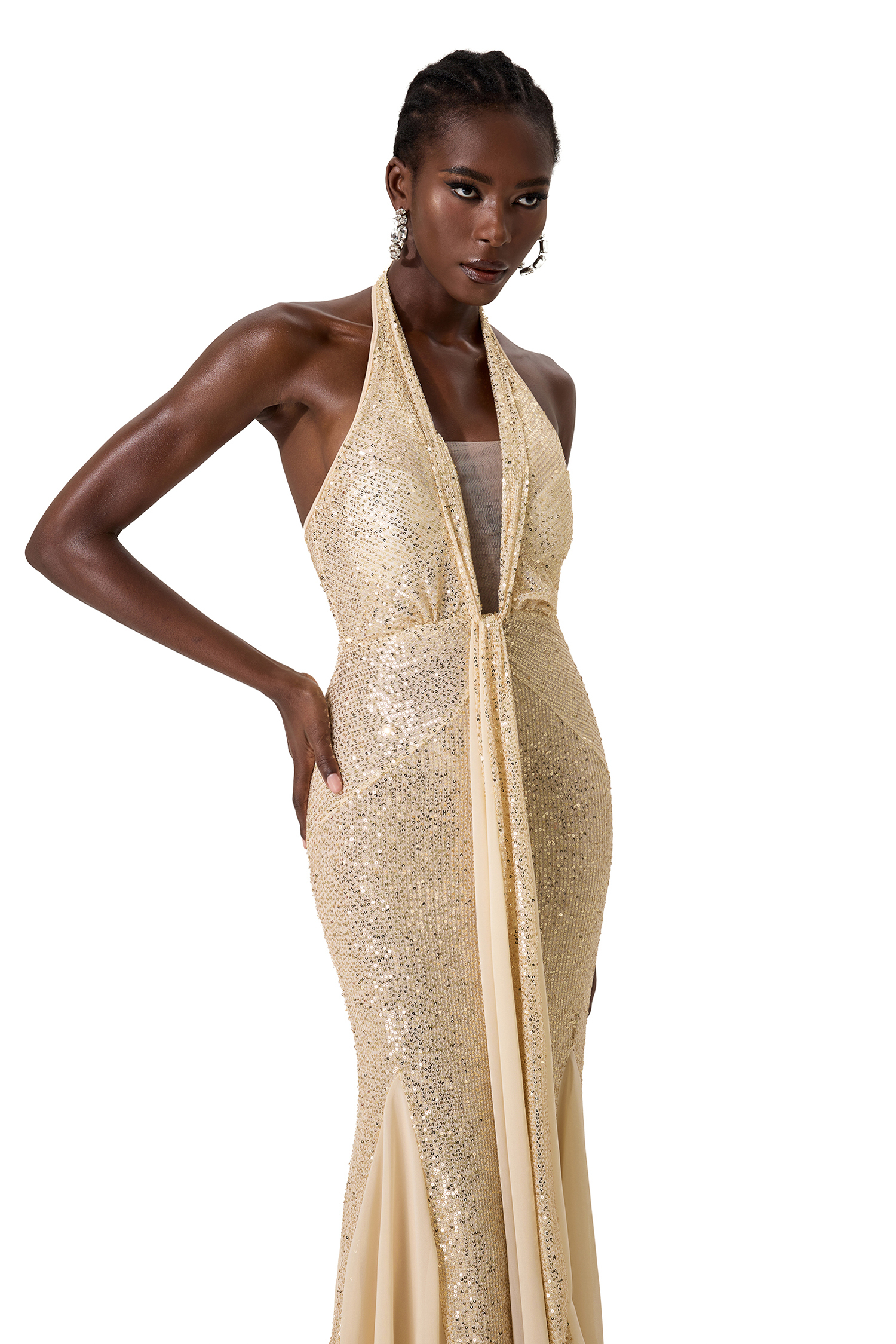 Halter Neck Sequin Splicing Mesh Midi Dress