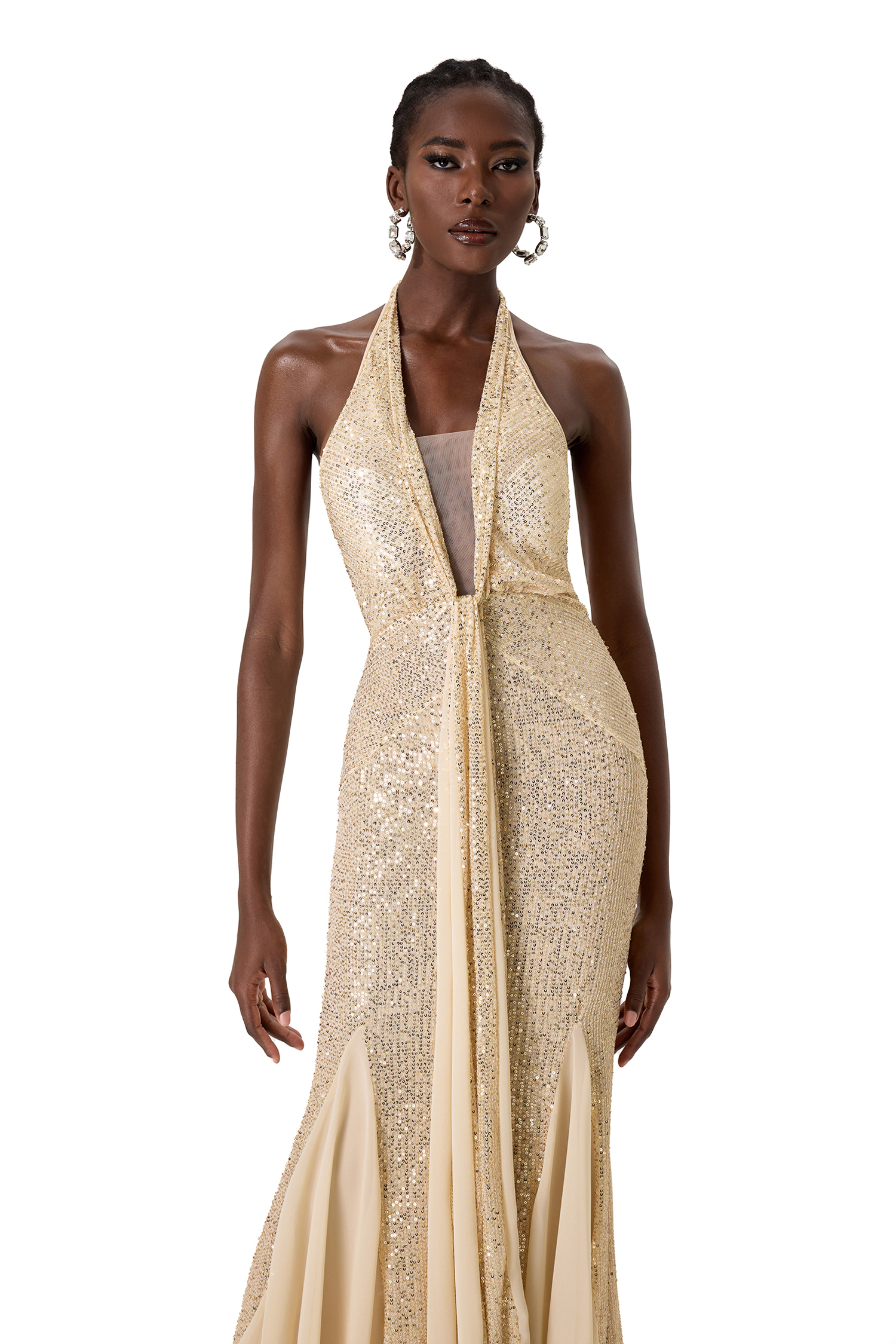 Halter Neck Sequin Splicing Mesh Midi Dress