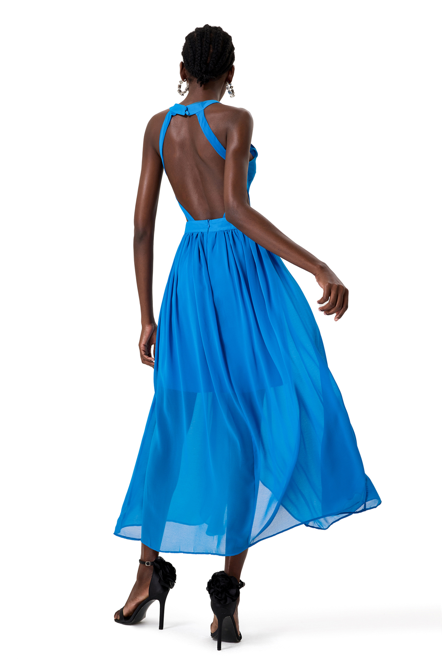 Chiffon Solid Halter Neck Midi Dress