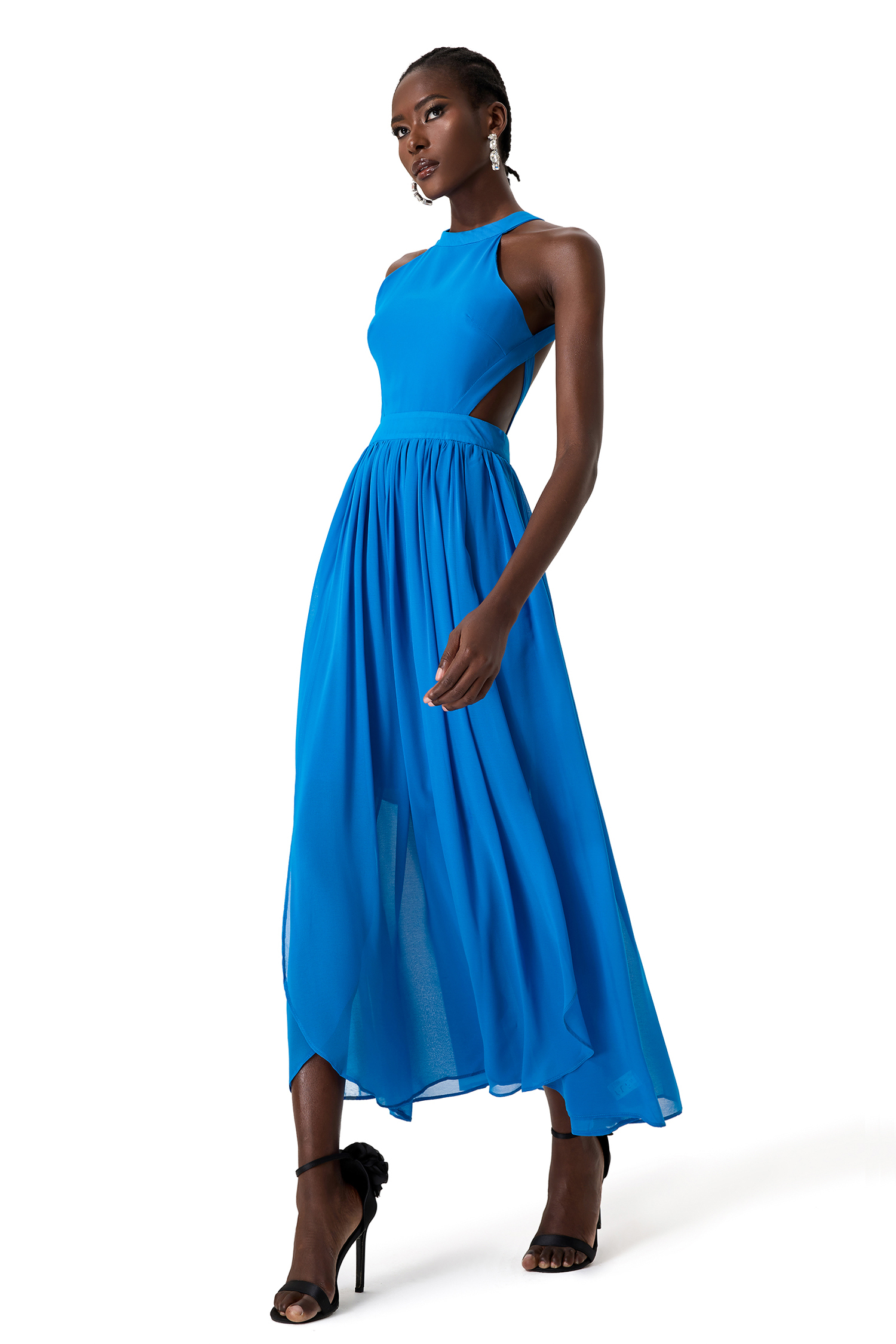Chiffon Solid Halter Neck Midi Dress