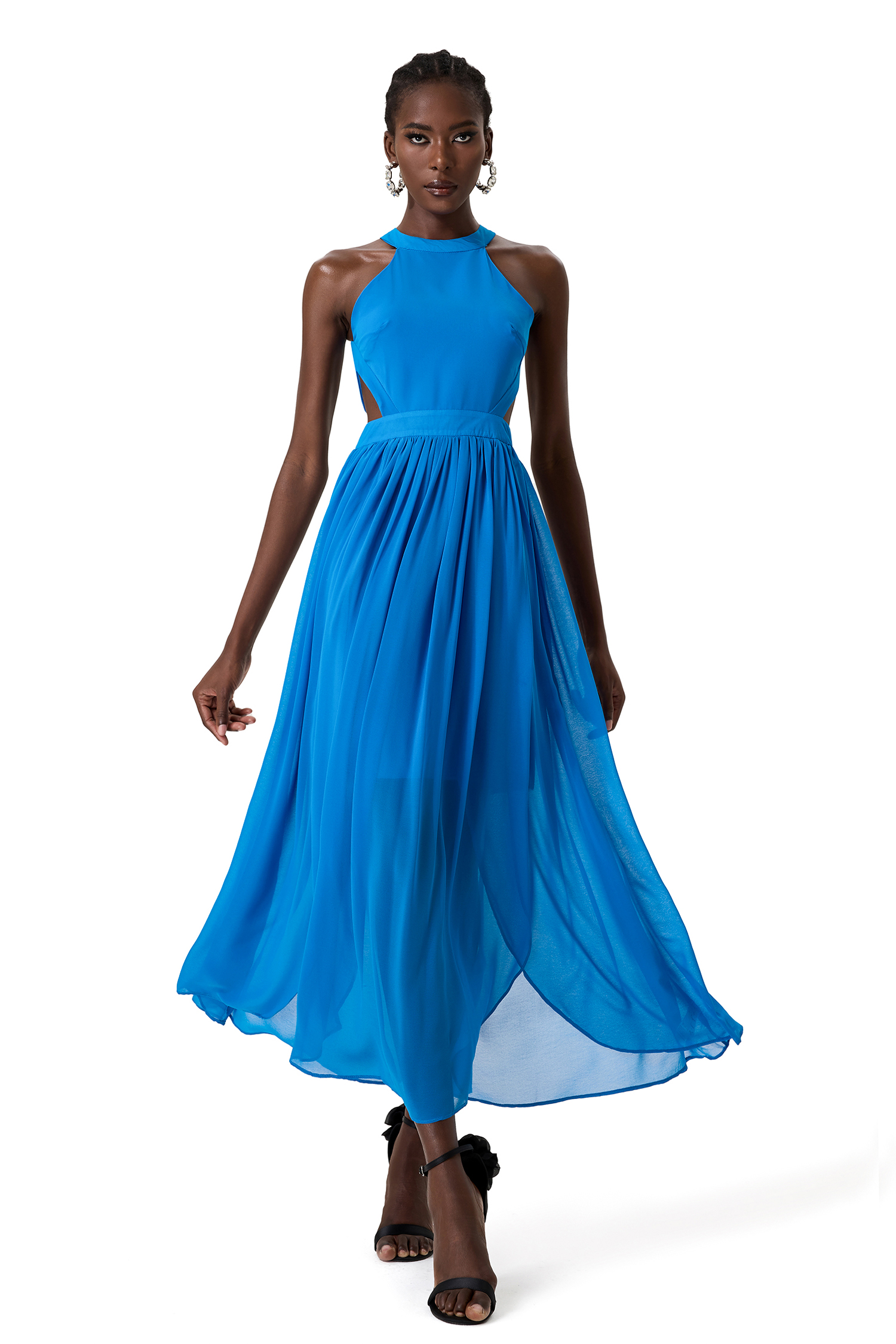 Chiffon Solid Halter Neck Midi Dress