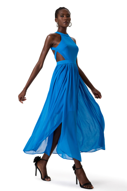 Chiffon Solid Halter Neck Midi Dress