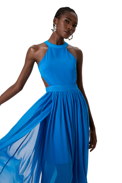 Chiffon Solid Halter Neck Midi Dress