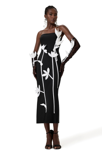 3D Flower Off Shoulder Midi Dress