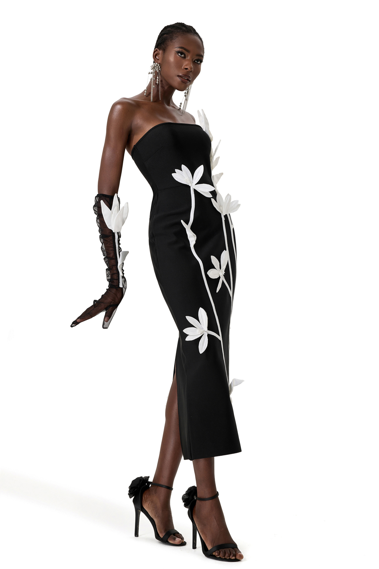 3D Flower Off Shoulder Midi Dress