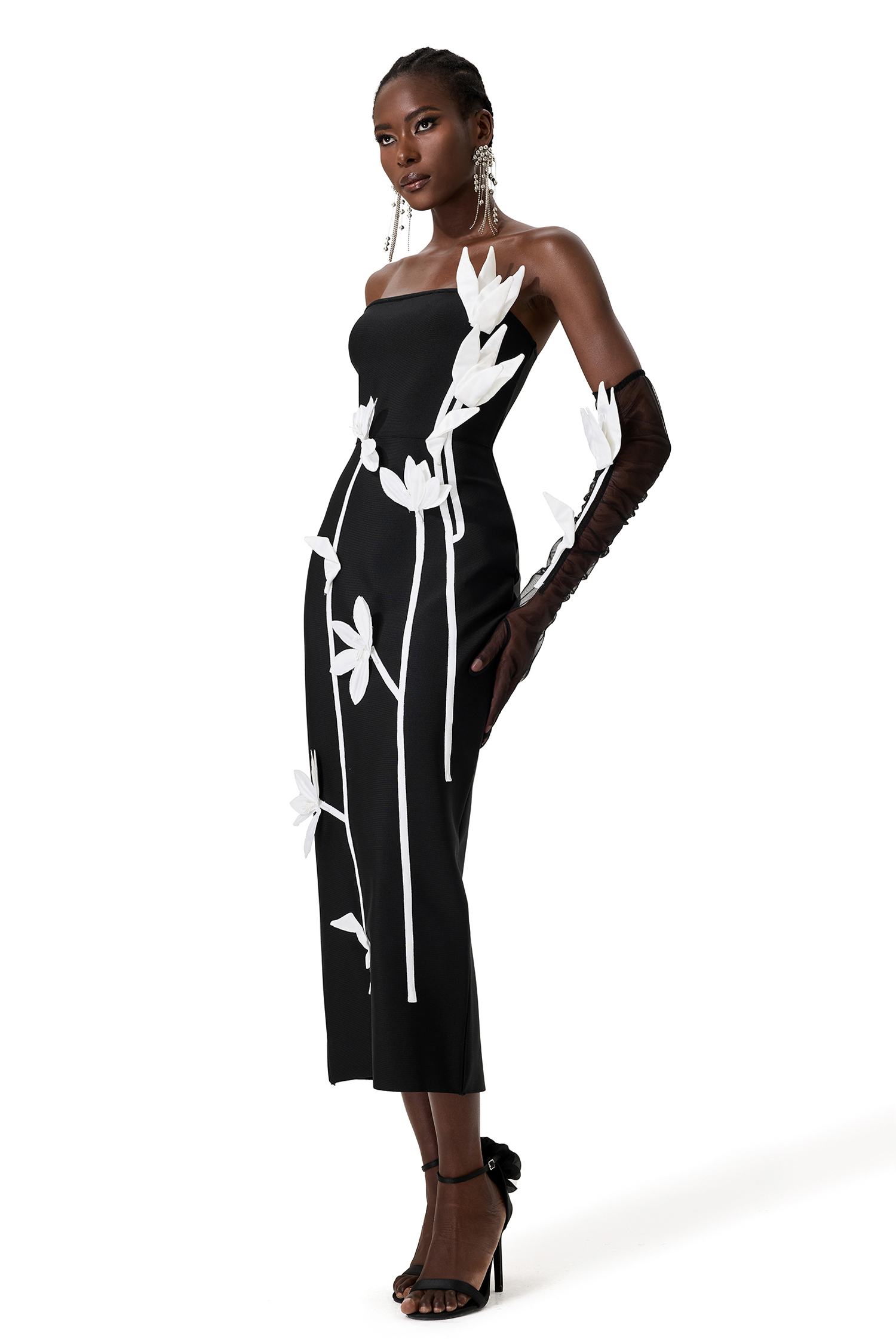 3D Flower Off Shoulder Midi Dress